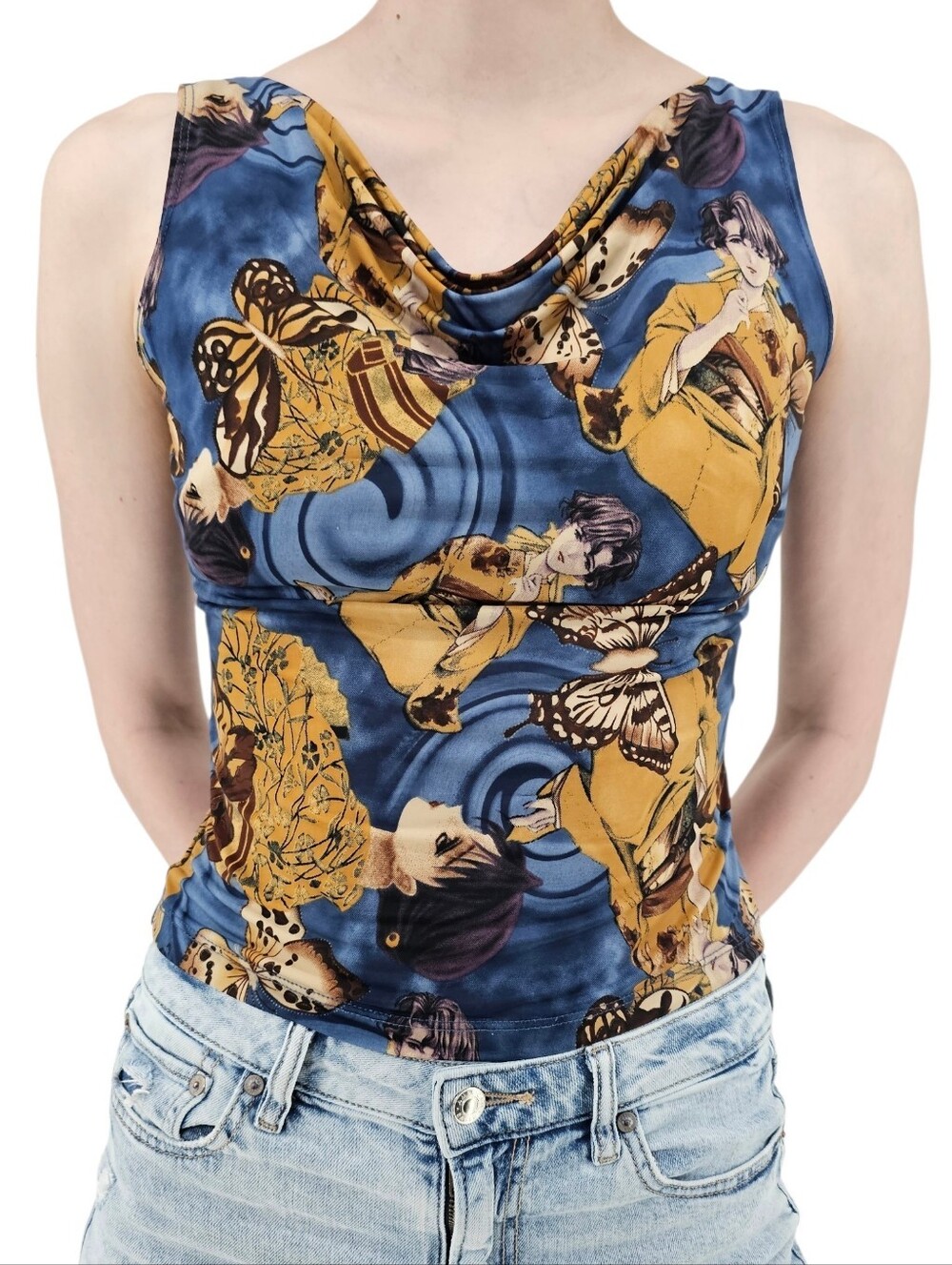 Vintage Y2K Geisha Butterfly Cowl Neck Tank Top Blue Anime Fairy Kei Small
